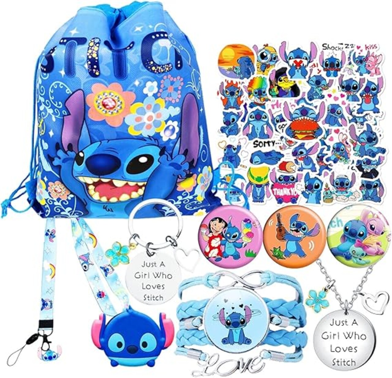 59 Pcs Cute Anime Merch Accessories Include Drawstring Bag Backpack, Stickers, Lanyard, Necklace, Bracelet, Keychain, Phone Holder, Button Pins